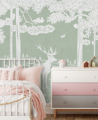 green kids forest wallpaper mural called Monochrome Forest - Green by Kikki Belle for bedrooms and nurseries