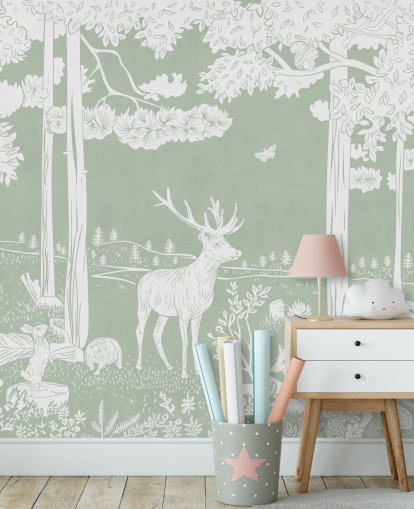 green kids forest wallpaper mural called Monochrome Forest - Green by Kikki Belle for bedrooms and nurseries green kids forest wallpaper mural called Monochrome Forest - Green by Kikki Belle for bedrooms and nurseries