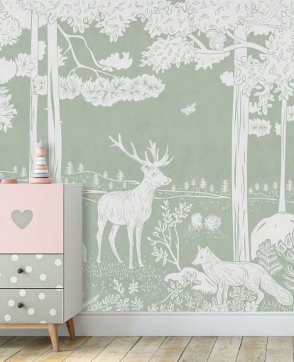green kids forest wallpaper mural called Monochrome Forest - Green by Kikki Belle for bedrooms and nurseries