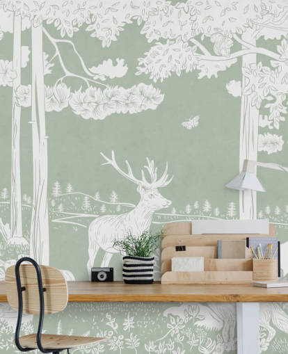 green kids forest wallpaper mural called Monochrome Forest - Green by Kikki Belle for bedrooms and nurseries