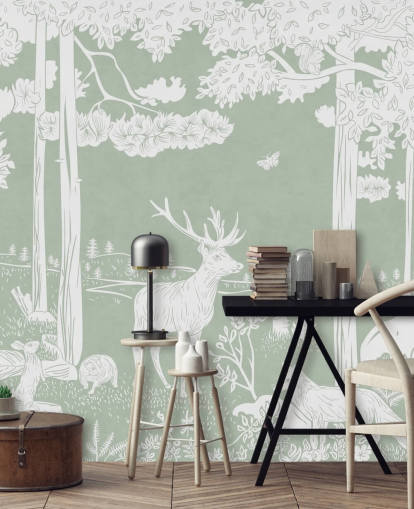 green kids forest wallpaper mural called Monochrome Forest - Green by Kikki Belle for bedrooms and nurseries
