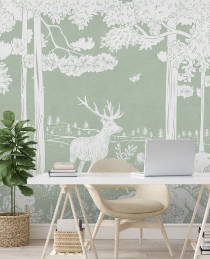 green kids forest wallpaper mural called Monochrome Forest - Green by Kikki Belle for bedrooms and nurseries