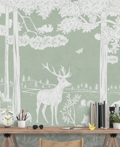 green kids forest wallpaper mural called Monochrome Forest - Green by Kikki Belle for bedrooms and nurseries