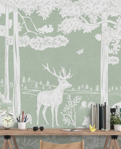 green kids forest wallpaper mural called Monochrome Forest - Green by Kikki Belle for bedrooms and nurseries green kids forest wallpaper mural called Monochrome Forest - Green by Kikki Belle for bedrooms and nurseries