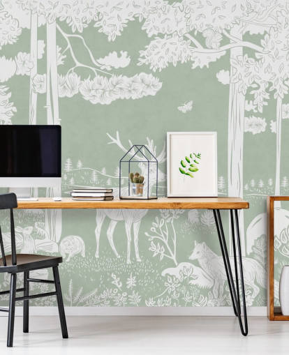 green kids forest wallpaper mural called Monochrome Forest - Green by Kikki Belle for bedrooms and nurseries green kids forest wallpaper mural called Monochrome Forest - Green by Kikki Belle for bedrooms and nurseries