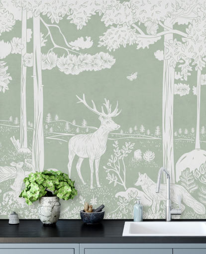 green kids forest wallpaper mural called Monochrome Forest - Green by Kikki Belle for bedrooms and nurseries