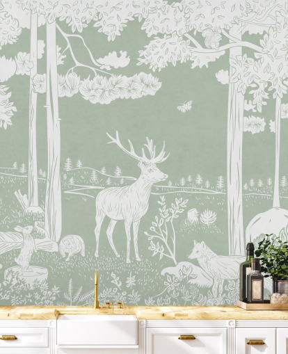 green kids forest wallpaper mural called Monochrome Forest - Green by Kikki Belle for bedrooms and nurseries