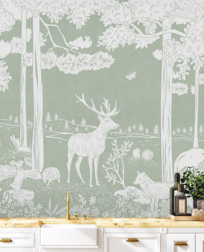 green kids forest wallpaper mural called Monochrome Forest - Green by Kikki Belle for bedrooms and nurseries