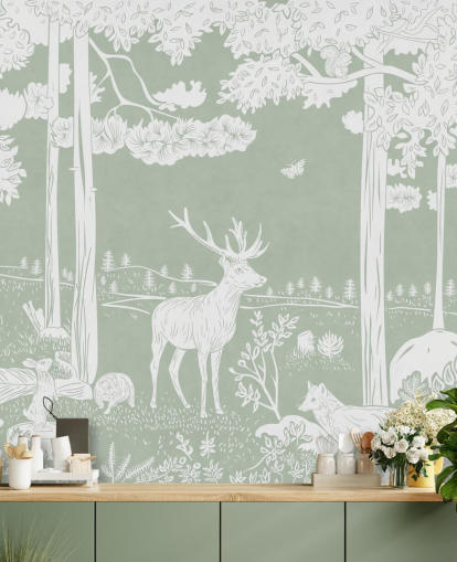 green kids forest wallpaper mural called Monochrome Forest - Green by Kikki Belle for bedrooms and nurseries
