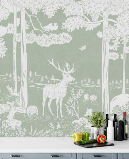 green kids forest wallpaper mural called Monochrome Forest - Green by Kikki Belle for bedrooms and nurseries