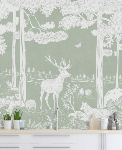 green kids forest wallpaper mural called Monochrome Forest - Green by Kikki Belle for bedrooms and nurseries