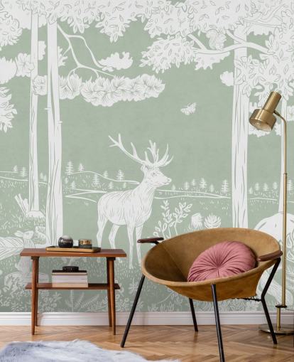 green kids forest wallpaper mural called Monochrome Forest - Green by Kikki Belle for bedrooms and nurseries