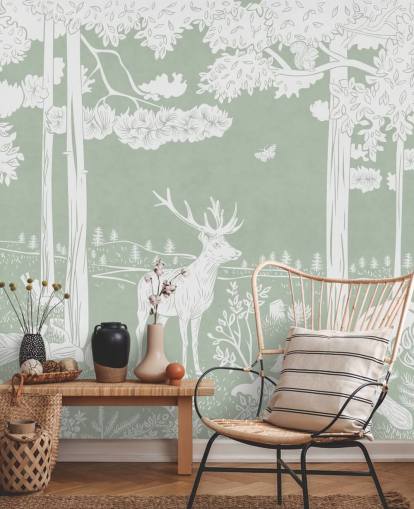 green kids forest wallpaper mural called Monochrome Forest - Green by Kikki Belle for bedrooms and nurseries