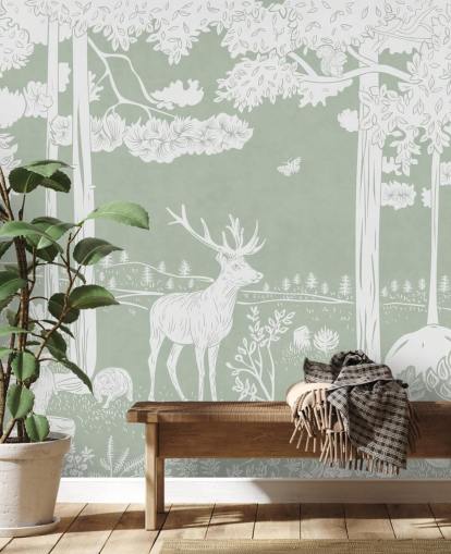 green kids forest wallpaper mural called Monochrome Forest - Green by Kikki Belle for bedrooms and nurseries