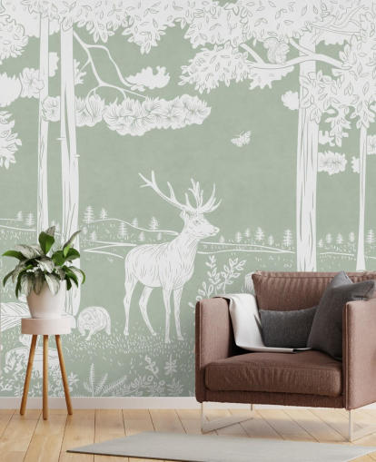 green kids forest wallpaper mural called Monochrome Forest - Green by Kikki Belle for bedrooms and nurseries