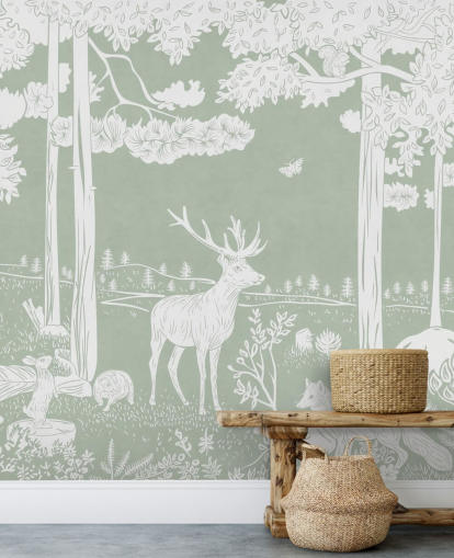 green kids forest wallpaper mural called Monochrome Forest - Green by Kikki Belle for bedrooms and nurseries