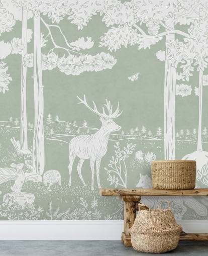 green kids forest wallpaper mural called Monochrome Forest - Green by Kikki Belle for bedrooms and nurseries green kids forest wallpaper mural called Monochrome Forest - Green by Kikki Belle for bedrooms and nurseries