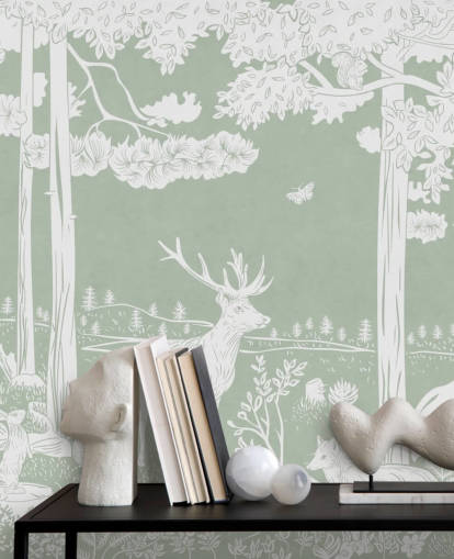 green kids forest wallpaper mural called Monochrome Forest - Green by Kikki Belle for bedrooms and nurseries green kids forest wallpaper mural called Monochrome Forest - Green by Kikki Belle for bedrooms and nurseries