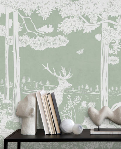 green kids forest wallpaper mural called Monochrome Forest - Green by Kikki Belle for bedrooms and nurseries green kids forest wallpaper mural called Monochrome Forest - Green by Kikki Belle for bedrooms and nurseries
