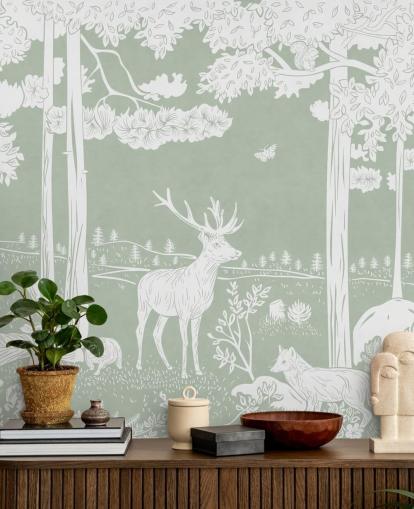 green kids forest wallpaper mural called Monochrome Forest - Green by Kikki Belle for bedrooms and nurseries