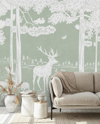 green kids forest wallpaper mural called Monochrome Forest - Green by Kikki Belle for bedrooms and nurseries