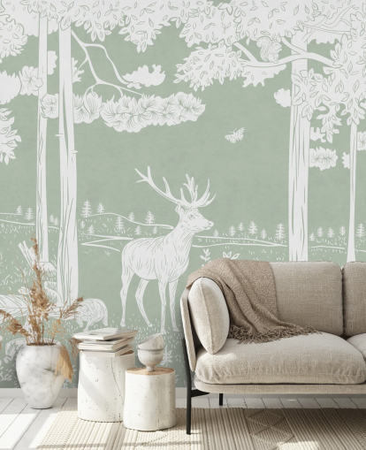 green kids forest wallpaper mural called Monochrome Forest - Green by Kikki Belle for bedrooms and nurseries