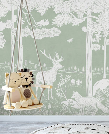 green kids forest wallpaper mural called Monochrome Forest - Green by Kikki Belle for bedrooms and nurseries green kids forest wallpaper mural called Monochrome Forest - Green by Kikki Belle for bedrooms and nurseries