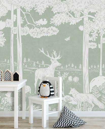 green kids forest wallpaper mural called Monochrome Forest - Green by Kikki Belle for bedrooms and nurseries
