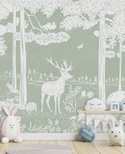 green kids forest wallpaper mural called Monochrome Forest - Green by Kikki Belle for bedrooms and nurseries