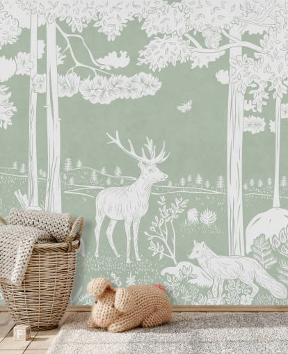 green kids forest wallpaper mural called Monochrome Forest - Green by Kikki Belle for bedrooms and nurseries green kids forest wallpaper mural called Monochrome Forest - Green by Kikki Belle for bedrooms and nurseries