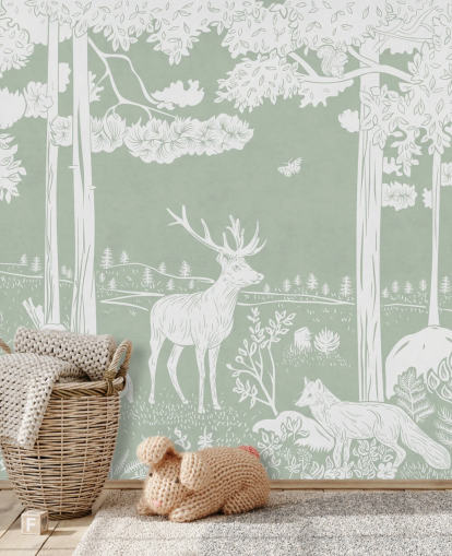 green kids forest wallpaper mural called Monochrome Forest - Green by Kikki Belle for bedrooms and nurseries