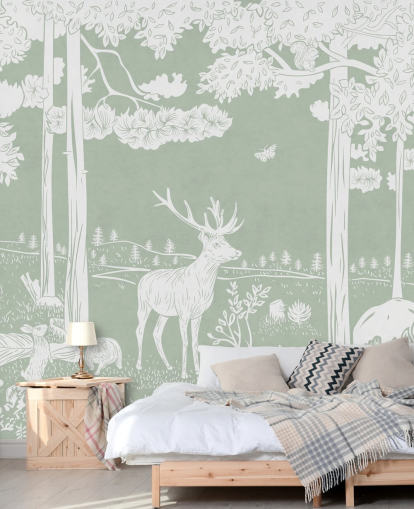 green kids forest wallpaper mural called Monochrome Forest - Green by Kikki Belle for bedrooms and nurseries