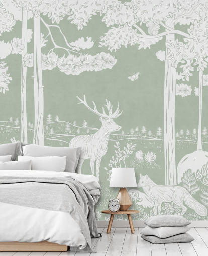 green kids forest wallpaper mural called Monochrome Forest - Green by Kikki Belle for bedrooms and nurseries green kids forest wallpaper mural called Monochrome Forest - Green by Kikki Belle for bedrooms and nurseries