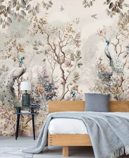 Carta da parati murale in stile chinoiserie con pavoni blu e bianchi Carta da parati murale in stile chinoiserie con pavoni blu e bianchi