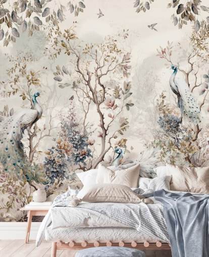 Chinoiserie stil tapetmaleri med blå og hvide påfugle Chinoiserie stil tapetmaleri med blå og hvide påfugle