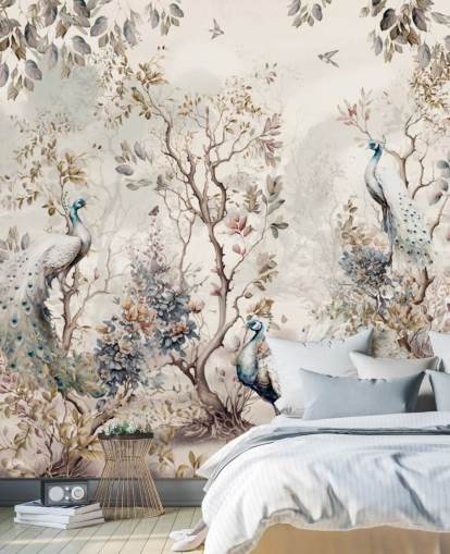 Chinoiserie-stijl behangmuurschildering met blauwe en witte pauwen