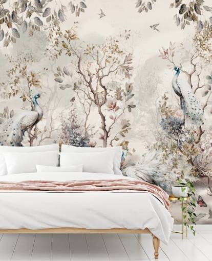 Papier peint mural de style chinoiserie avec des paons bleus et blancs