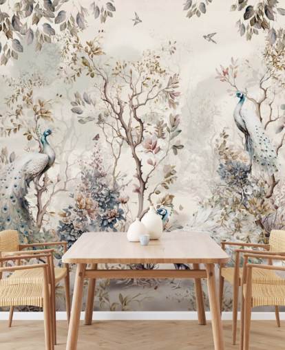 Carta da parati murale in stile chinoiserie con pavoni blu e bianchi