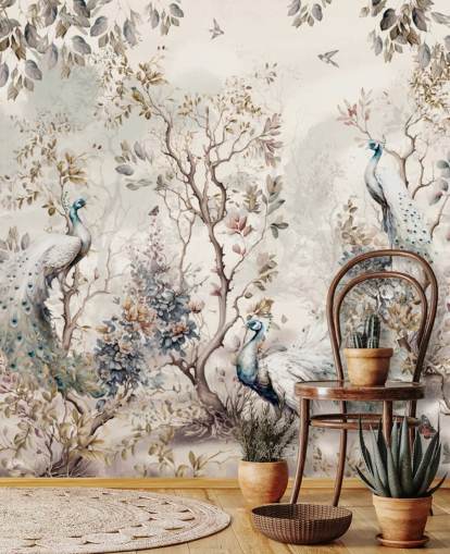 Chinoiserie style wallpaper mural with blue and white peacocks