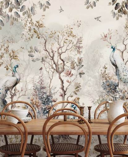 Chinoiserie-stijl behangmuurschildering met blauwe en witte pauwen