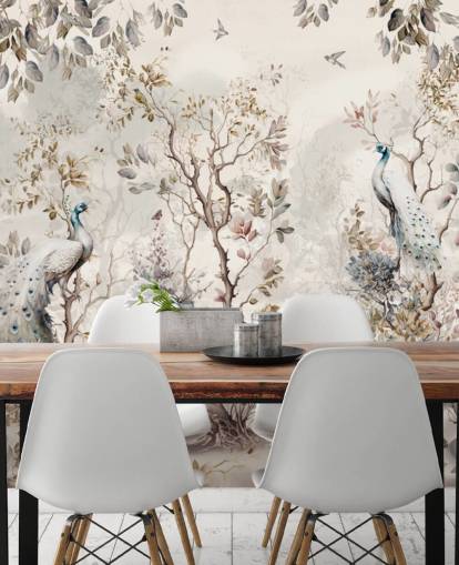 Chinoiserie style wallpaper mural with blue and white peacocks