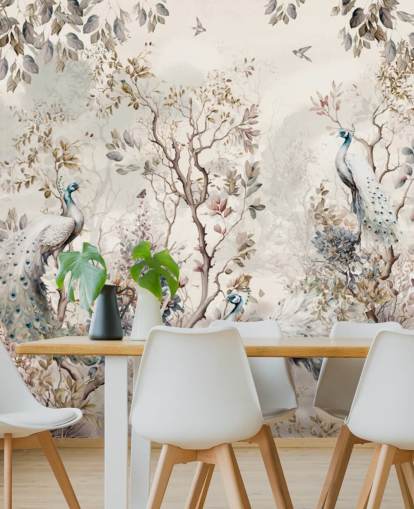 Chinoiserie style wallpaper mural with blue and white peacocks Chinoiserie style wallpaper mural with blue and white peacocks