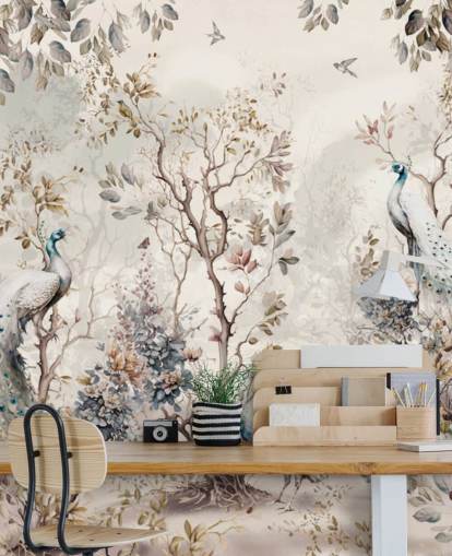 Chinoiserie-tyylinen taustakuvamaalaus sinisillä ja valkoisilla riikinkukkoilla