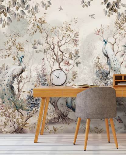 Tapeten-Wandbild im Chinoiserie-Stil mit blauen und weißen Pfauen