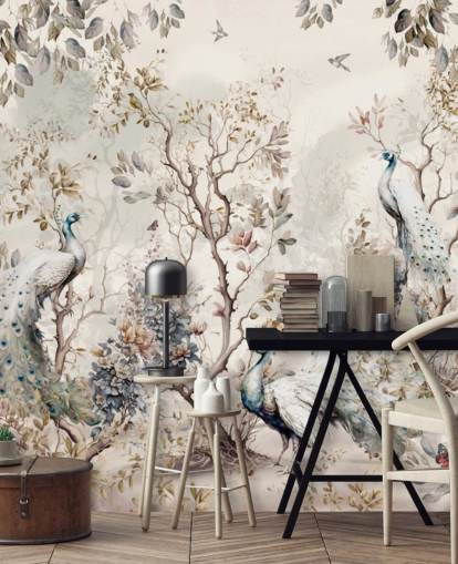 Mural de papel pintado estilo chinoiserie con pavos reales azules y blancos Mural de papel pintado estilo chinoiserie con pavos reales azules y blancos