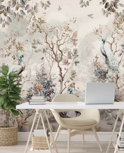 Chinoiserie style wallpaper mural with blue and white peacocks