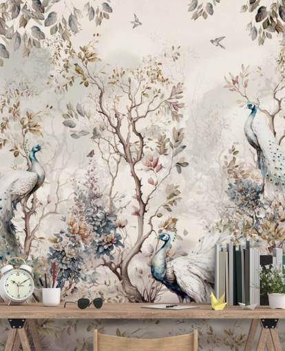 Mural de papel de parede estilo chinoiserie com pavões azuis e brancos Mural de papel de parede estilo chinoiserie com pavões azuis e brancos