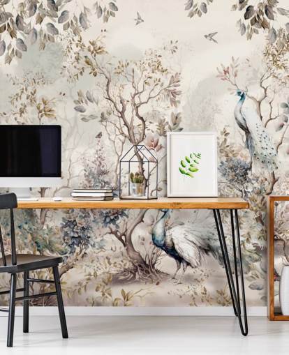 Chinoiserie stil tapet väggmålning med blå och vita påfåglar Chinoiserie stil tapet väggmålning med blå och vita påfåglar