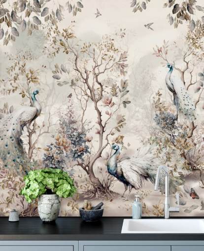 Chinoiserie-stijl behangmuurschildering met blauwe en witte pauwen Chinoiserie-stijl behangmuurschildering met blauwe en witte pauwen