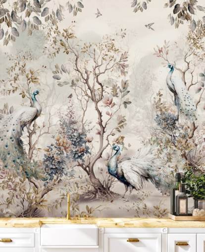 Chinoiserie style wallpaper mural with blue and white peacocks